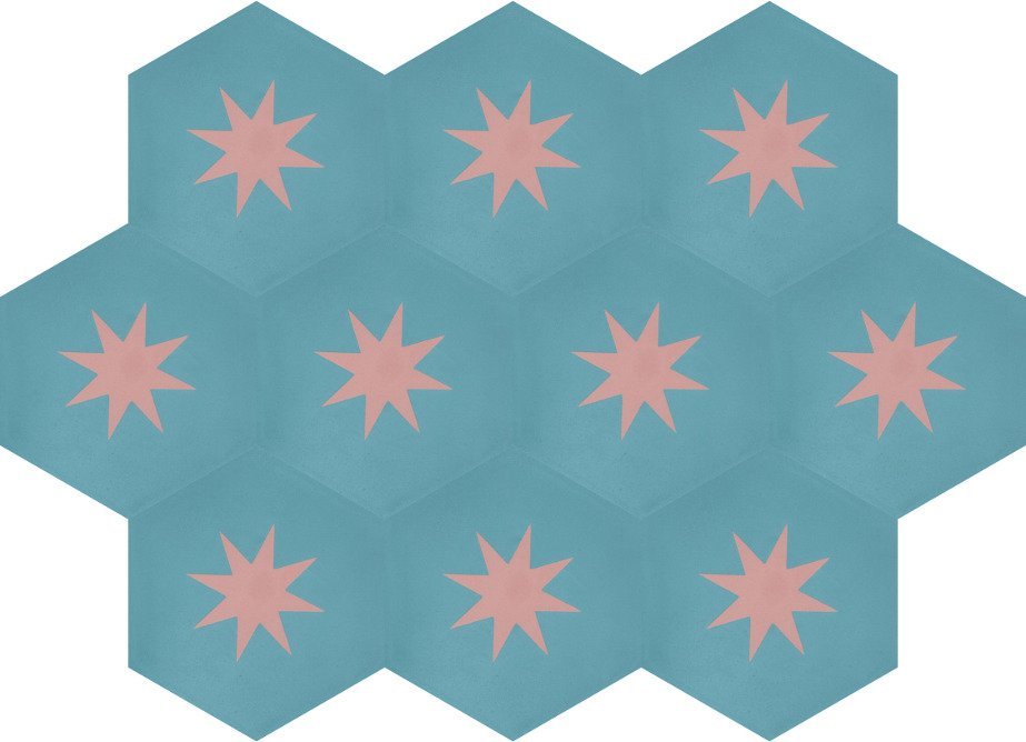 Moroccan Encaustic Cement Hexagonal Big Star Aquamarine, 20 x 23cm - Tiles &amp; Stone To You