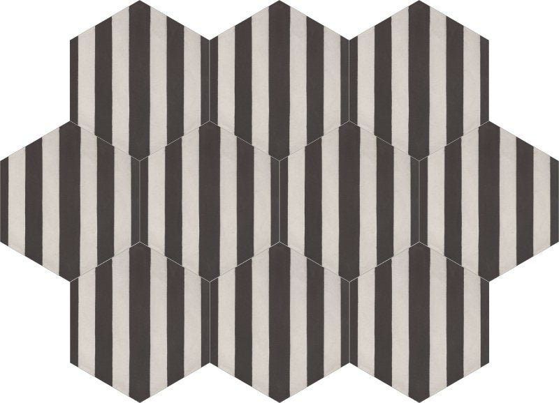 Moroccan Encaustic Cement Hexagonal Lines Black and White, 20 x 23cm - Tiles &amp; Stone To You