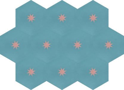 Moroccan Encaustic Cement Hexagonal Small Star Aquamarine, 20 x 23cm - Tiles &amp; Stone To You